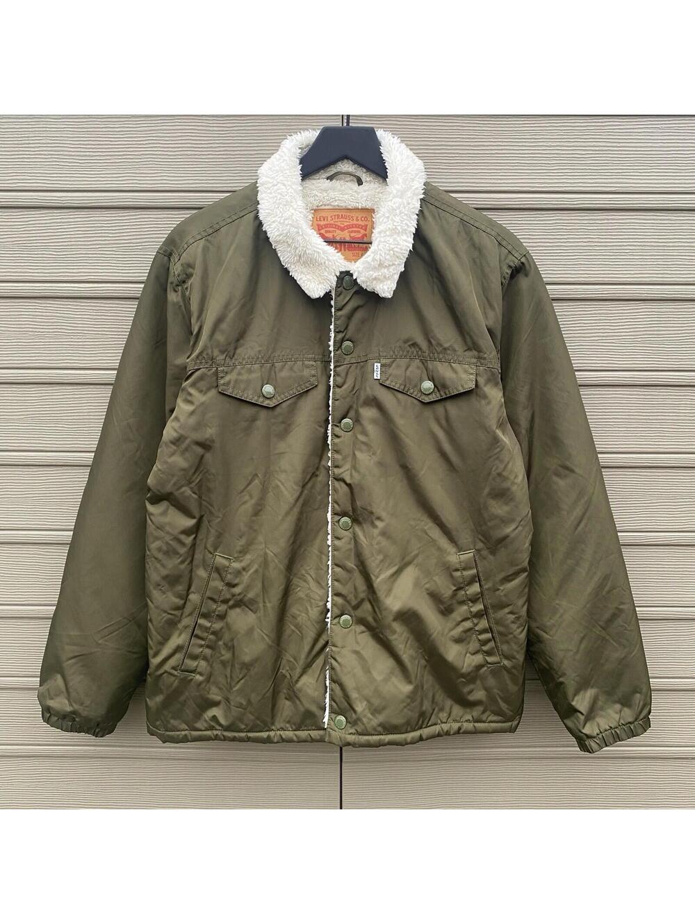 Levi's Men's Size L Premium Green Pocket Button Up Sherpa Coach Trucker Jacket